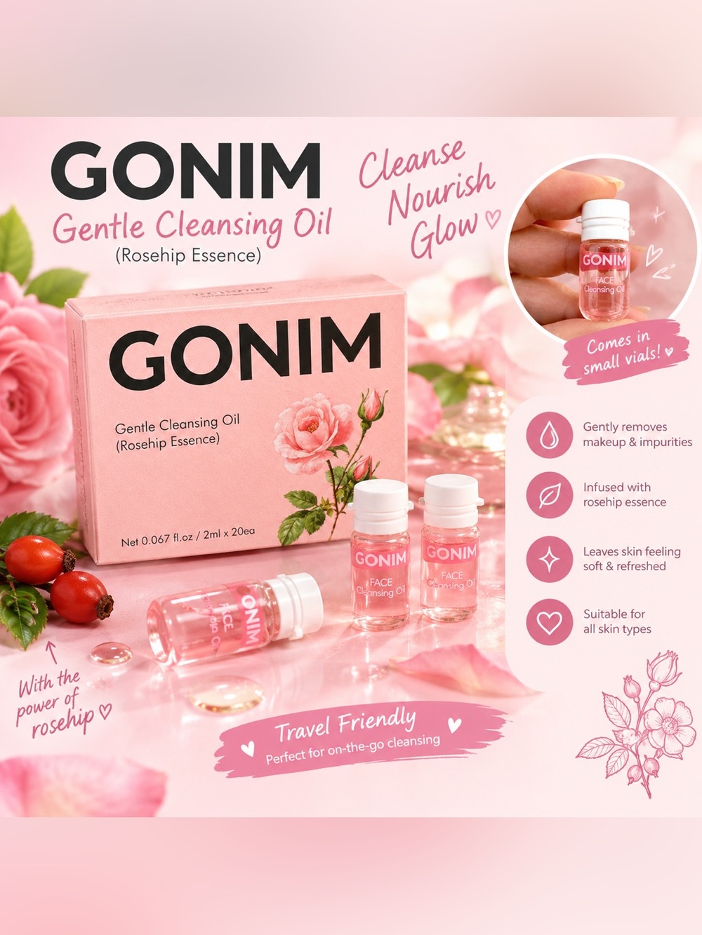 Gonim Rosehip Gentle Cleansing Oil – Pink Travel Vials